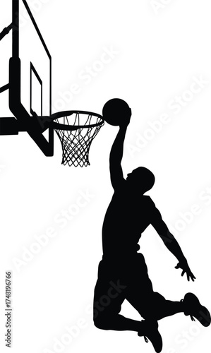 Silhouette of a basketball player dunking the ball into the hoop isolated on white background the player is jumping high and reaching for the basket
