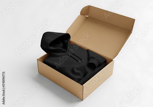 Black hoodie inside an open cardboard shipping box