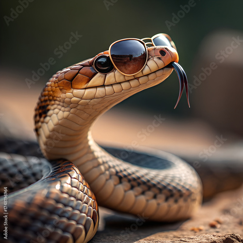 A funny snake wearing sunglasses up close, a reptile with cool and trendy fashion sense. Exotic and dangerous with its venomous fangs, a symbol of protection and style