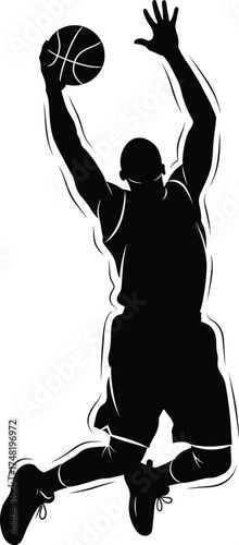 Silhouette of a basketball player reaching for the ball isolated on white background the player is jumping high and reaching for the ball