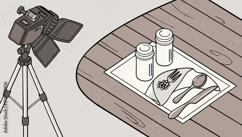 Illustration of a food photography setup with cutlery salt shakers and camera.
