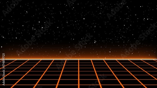 Futuristic Retrowave Grid Floor Moving Through Dark Starfield