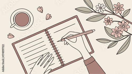 Illustration of a Hand Writing in a Notebook with Flowers and Coffee.
