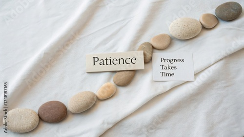 Stones with Messages of Patience and Progress on Soft Fabric Background