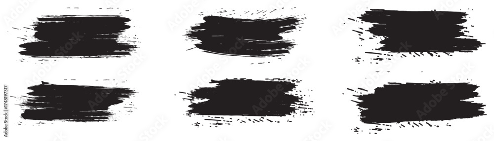 Fototapeta premium Ink brushstroke and paintbrush template with splashes grunge. Vector set black ink brush stroke. Dirty artistic design elements. Grunge splatter, dirt stain, brush with drops blots. Vector ink box.