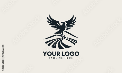 old black vector logo illustration of a powerful eagle with dynamic spread wings creating an authoritative and iconic symbol