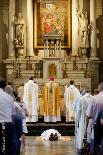 Saint Jacques church. Diaconal ordination ceremony. Prostration. Sallanches. France.
