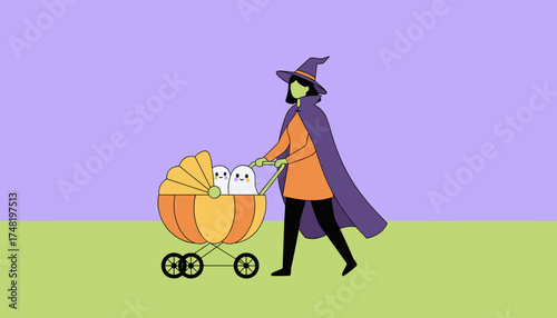 Playful witch pushing a pumpkin stroller with two smiling ghost babies