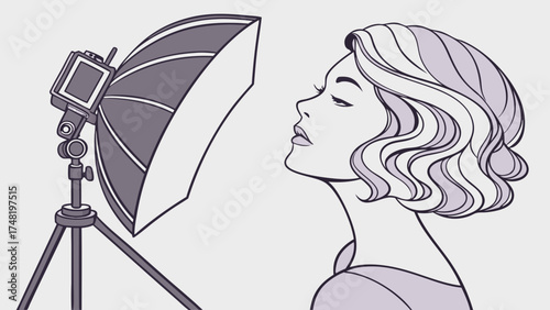 Illustration of a stylish profile portrait next to studio lighting equipment vector graphics.