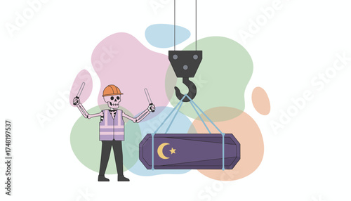 Skeletal worker in safety gear directs crane lifting coffin with crescent moon and star