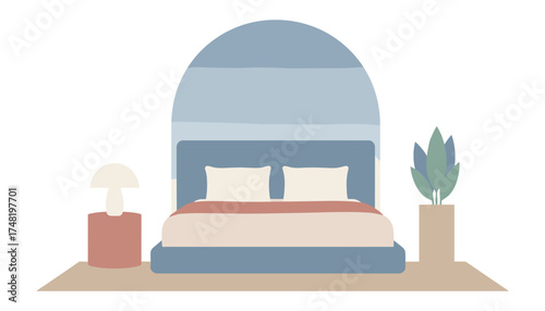 Minimalist bedroom interior with bed nightstand lamp and plant Calm and modern home design