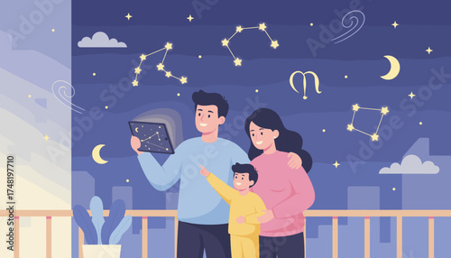 Happy family on balcony using tablet for stargazing fostering learning and wonder at night