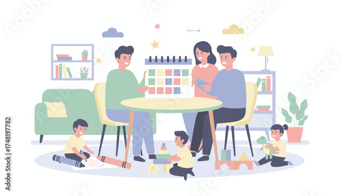 Happy family planning schedule with kids playing at home Organization childcare joyful family life