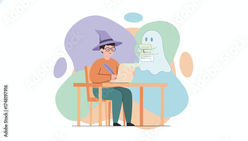 Fantasy writer with wizard hat and ghost muse crafting magical stories Imagination concept