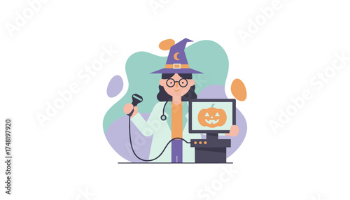 Doctor in witch hat performing ultrasound with Halloween pumpkin on monitor Festive medical concept