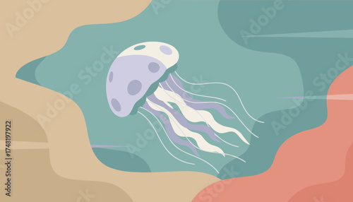 Vibrant jellyfish with long tentacles floating in serene bluegreen ocean water Abstract marine illustration