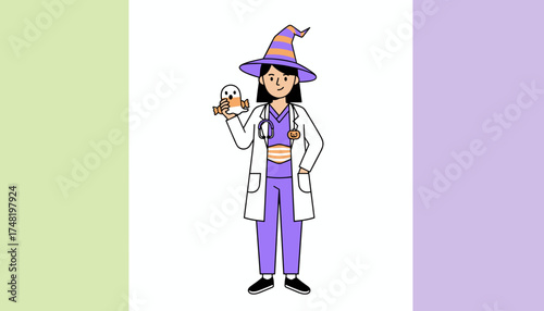 Doctor in witch hat holds ghost candy celebrating Halloween Fun festive healthcare concept