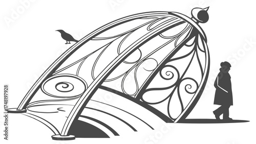 Abstract Silhouette Design Featuring a Decorative Structure and Bird.