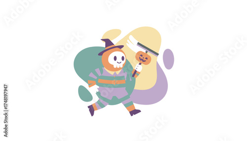 Playful Halloween skull character in witch costume holding a pumpkin ready for festive fun