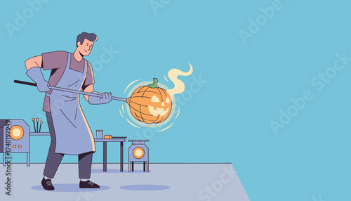 Smiling artisan crafting a glowing Halloween pumpkin Creative work festive spirit seasonal promotion