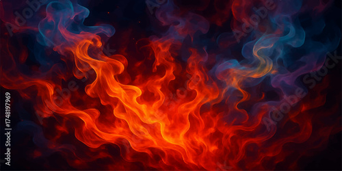 Abstract fire flames blaze with bright, hot orange and yellow energy in the dark night backgrounds