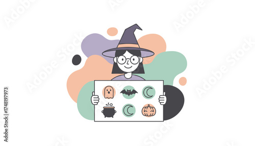 Friendly witch character holding a sign with cute Halloween icons ghost bat cauldron pumpkin