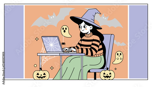 Halloween witch working on laptop with festive decorations Spooky seasonal work concept