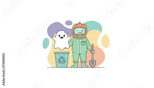 Pumpkinheaded cleaner with ghost and recycling bin Ecofriendly Halloween fun