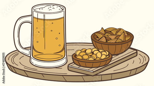 Illustration of Beer and Snacks on a Wooden Platter.