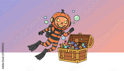 Pumpkin diver discovers Halloween candy treasure chest Fun spooky festive treat hunt