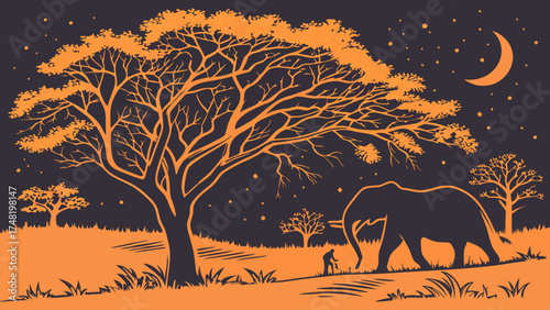 African Savanna Silhouette Scene Under Night Sky.