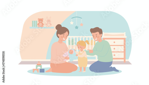 Happy family with newborn baby and toddler in a cozy nursery depicting sibling bond