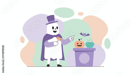 Friendly ghost host with gavel points to spooky Halloween auction items pumpkin cauldron and bat