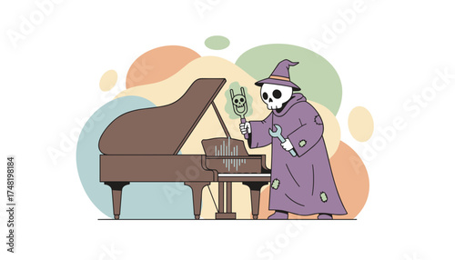 Skeleton wizard tunes grand piano with heavy metal magic creative music production concept
