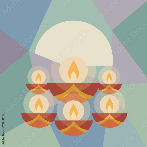 Traditional oil lamps illuminating a festive geometric background Symbolizing hope  celebration