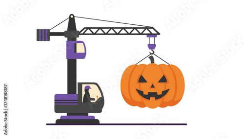 A construction crane lifts a festive Halloween pumpkin symbolizing seasonal setup or event preparation