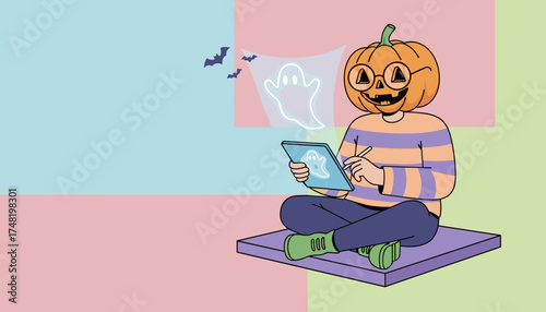 Person with pumpkin head drawing ghost on tablet for Halloween Creative digital art concept