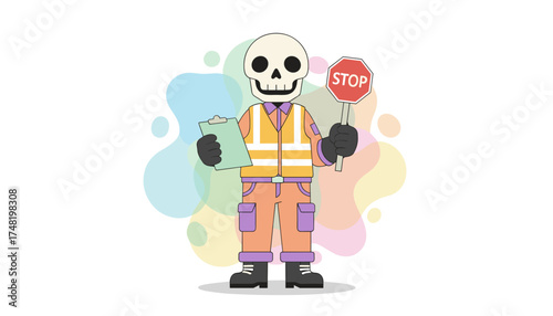 Cartoon skeleton in safety vest holding stop sign and clipboard Work safety regulation deadlines