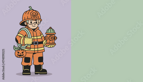 Halloween firefighter character with pumpkin helmet hose and hydrant on split background
