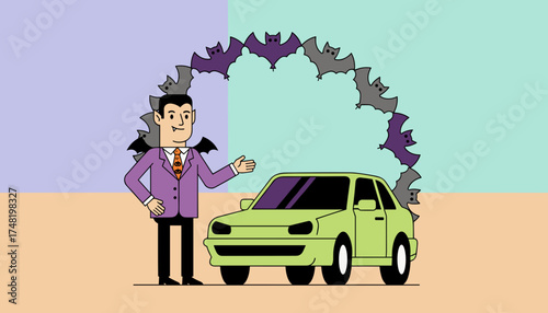 Cartoon vampire presents a green car with flying bats perfect for Halloween sales and deals