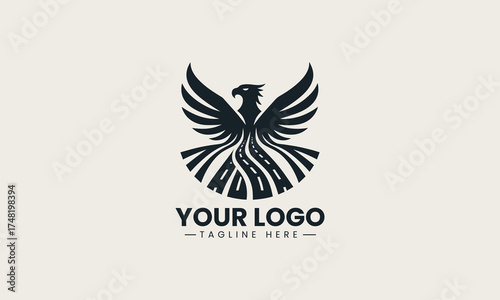 old black vector logo illustration of a powerful eagle with dynamic spread wings creating an authoritative and iconic symbol