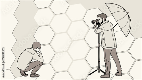 Illustrative image of two figures interacting one taking a photograph hexagon background.