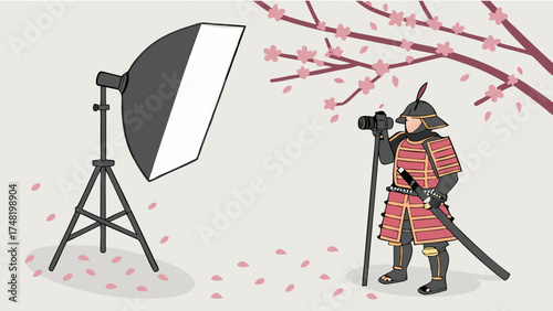 Japanese Warrior Photographer Posing with Softbox Light and Cherry Blossoms Illustration.