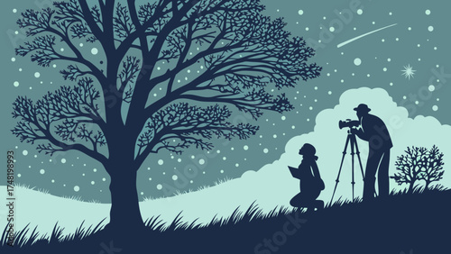 Astronomy Night Sky Silhouette Illustration.