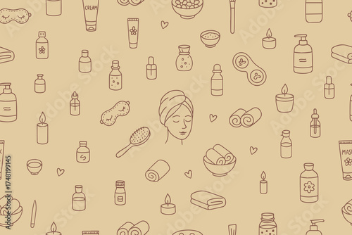 A seamless pattern with icons of beauty salon and spa accessories. Skincare and natural treatments, natural cosmetics concepts, and time for yourself.