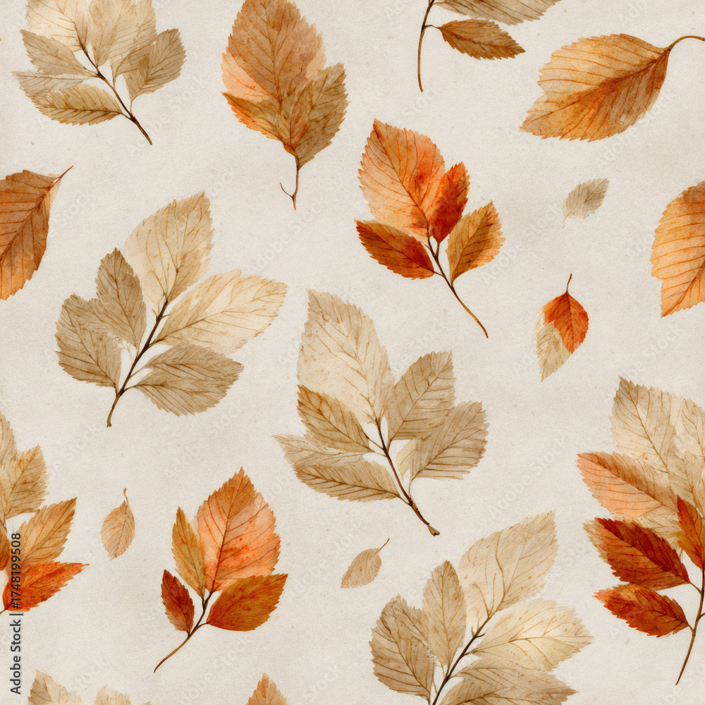 Obraz premium Seamless pattern of autumn leaves on a light background. Fall season creative concept for textile, wrapping paper, wallpaper, and seasonal decor.