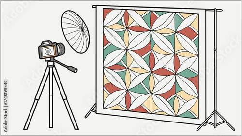 Camera equipment setup illustration with colorful patterned backdrop.