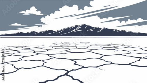 Landscape of mountains and cracked earth.