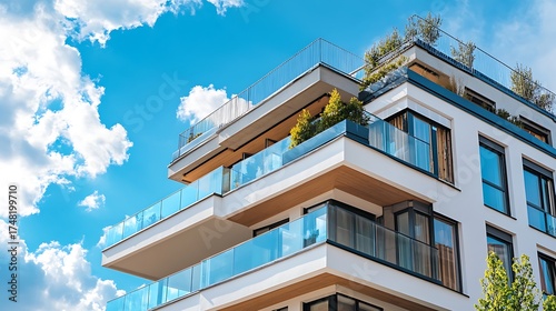 Modern apartment building with balconies and glass railings against blue sky