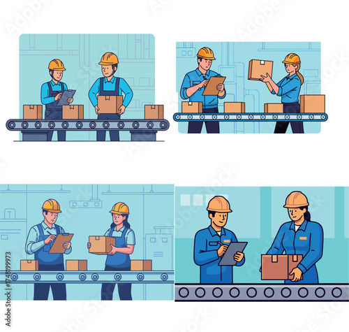 Illustrations depict factory workers in various scenes inspecting and handling boxes on a conveyor belt, wearing hard hats and uniforms.